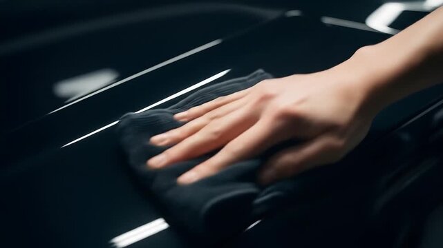 Hand wiping black car surface with microfiber cloth