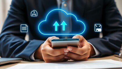 Person using smartphone with cloud computing icons for file storage and data backup technology transfer