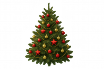 Christmas tree decorated with red and golden baubles, stars, and garland, bringing holiday cheer. Transparent background