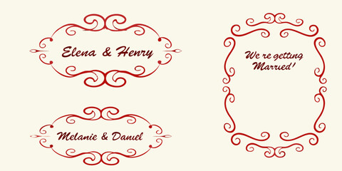 Elegant red swirl decorative frames with wedding announcement text and couple names