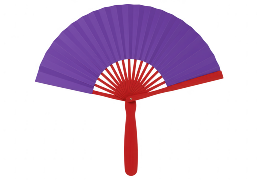 A vibrant purple folding fan with a red handle and spokes isolated on transparent background