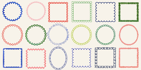 Collection of decorative colorful hand drawn frames and borders in various shapes and styles