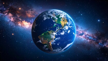 Obraz premium A vibrant digital rendering of Earth, a blue marble in a sea of stars and galaxies. Highlights the beauty of space and the planet