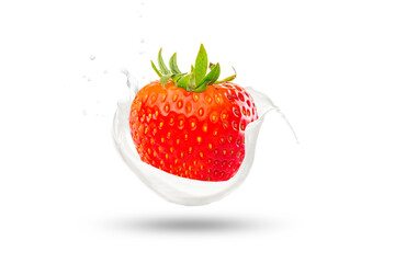 Milk Splash on Strawberry Fruit on White Background