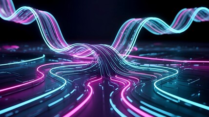 Neural Network Flow and Machine Learning – Big Data, AI, and Complex Information Systems. Futuristic 3D Rendering of Data Analysis, Visualization, and Technology Innovation in Cyberspace.