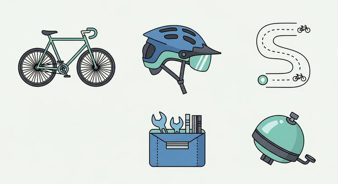 Illustration of bicycle and cycling related icons isolated on white background bike, helmet, route, toolbox and water bottle for sport activity