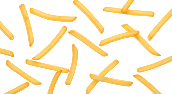 Scattered french fries creating a playful and appetizing pattern, perfect for illustrating fast food or snack themes isolated on transparent background