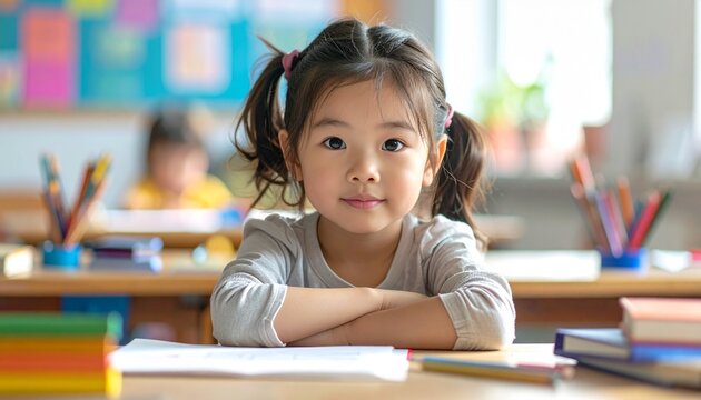 Portrait of diverse school children sitting at desk in classroom, smiling and studying together, concept of childhood education, learning, and happiness.
