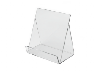 Clear acrylic easel stand display holder for photos or signs isolated on transparent background