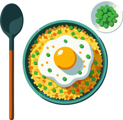 Minimalist Fried Rice Plate with Egg, Peas, and Spoon Vector – Asian Food Top View