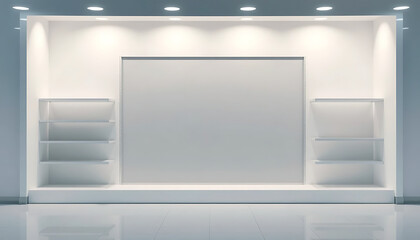 Clean and modern retail display shelf unit with spotlights and a blank central panel for advertising