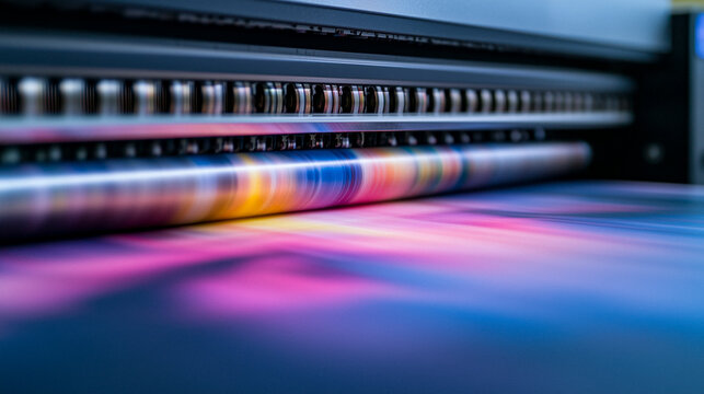 High-performance large format printing machine producing vivid, high-resolution images on paper, optimized for commercial applications professional print production scene with vibrant color output 