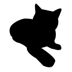 A clean, black silhouette of a cat in a relaxed pose against a white background.