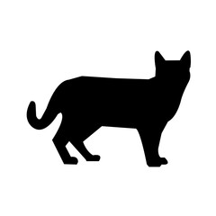 A clean, bold silhouette of a cat standing in profile view against a plain white background.
