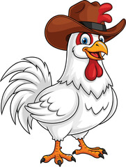Cartoon chicken, cowboy hat, funny animal, farm character, white feathers, red comb, cute bird, cheerful, standing, anthropomorphic, whimsical, poultry, mascot, children, illustration, blue eyes, oran