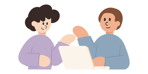 Fototapeta premium Vector cartoon illustration of teamwork people talking and discussing together. Collaboration, communication, and business concept.