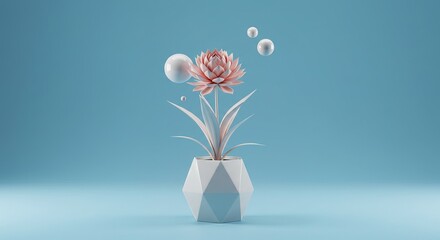 Pink lotus in a white geometric pot with white spheres
