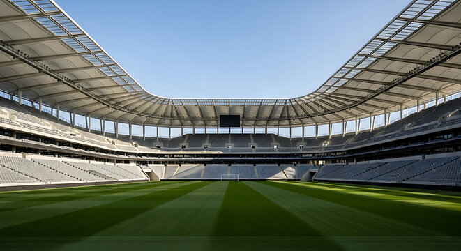 Empty stadium seats surrounding a green soccer field under a blue sky - Powered by Adobe