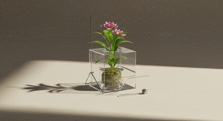 Pink flower in clear cube vase on a white surface top