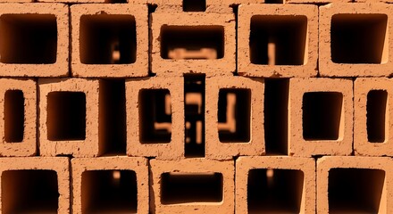 Stacked hollow clay bricks with square openings, close-up