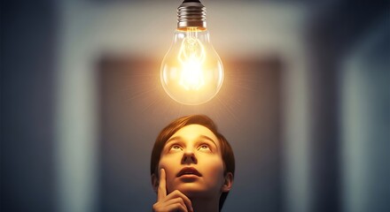 Young individual contemplating a brilliant concept beneath a radiant bulb