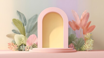 Pastel Podium with Tropical Green Leaves and Archway