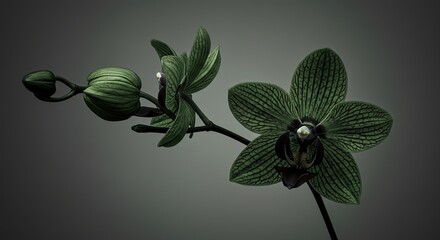 Close up of green orchid with buds on a gray background
