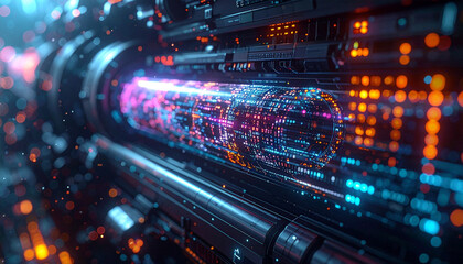 Fototapeta premium High-Tech Interior: A high-tech, futuristic interior scene unfolds with glowing, interactive technological displays and intricate circuitry, a testament to technological prowess and innovation.