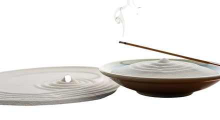Obraz premium Zen garden with incense stick burning, isolated on transparent background, creating a serene and meditative atmosphere, symbolizing peace, tranquility, and mindfulness, perfect for relaxation and spir