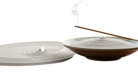 Zen garden with incense stick burning, isolated on transparent background, creating a serene and meditative atmosphere, symbolizing peace, tranquility, and mindfulness, perfect for relaxation and spir