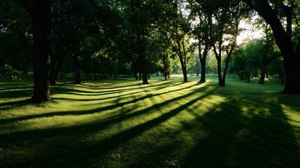 Peaceful Park with Green Grass and Trees in Morning Light