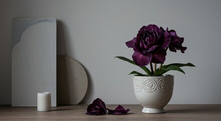 Still life with purple tulips in a white pot indoors