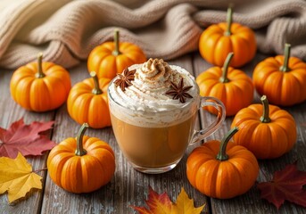 Cozy Autumn Still Life: A Warm Pumpkin Spice Latte Surrounded by Miniature Pumpkins on a Rustic Wooden Table.