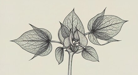 A detailed sketch of a physalis plant with leaves veins