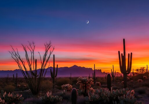 Vibrant desert twilight: Arizona landscape with cacti silhouetted against a colorful sky illuminated by the crescent - Powered by Adobe