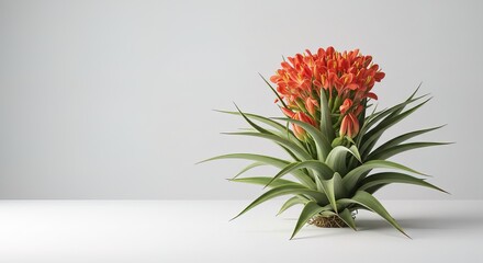 Close up of a blooming tillandsia plant on white surface