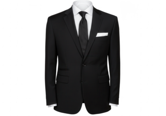 Classic black formal suit with white shirt and pocket square isolated on transparent background