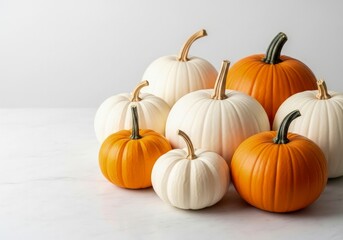 Obraz premium Chic Autumn Harvest: A Minimalist Arrangement of Orange and White Pumpkins on a Light Background.