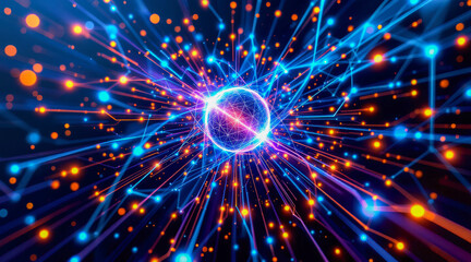 Quantum particle energy neon network glow abstract science data futuristic vision pulses through luminous quantum particle network with electric