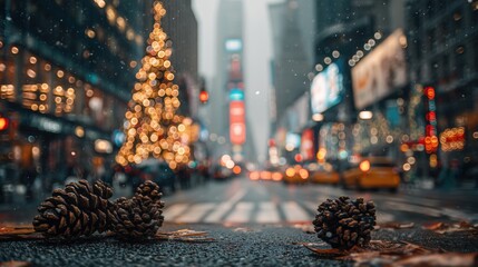 Festive City Street with Pinecones and Bokeh Christmas Tree Ligh