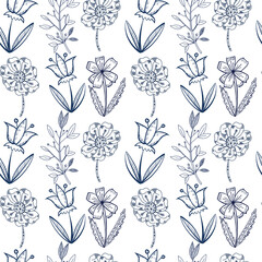 Seamless vector pattern of meadow flowers, bells, cornflowers, leaves and twigs. All objects are hand-drawn with ink. The illustration is suitable for printing on fabric, paper, for packaging.