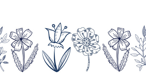 Seamless border of flowers, daisies, bells, cornflowers, all objects hand-drawn with ink. The illustration is suitable for printing on fabric, paper, textile, packaging design. Vector illustration