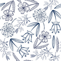 Vector seamless pattern of meadow flowers and herbs, bells, daisies, herbs, cornflowers. All objects are hand-drawn with ink. For printing on postcards, packaging bags, packaging of goods. Vector