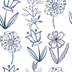 Seamless vector pattern of meadow flowers, bells, cornflowers, leaves and twigs. All objects are hand-drawn with ink. The illustration is suitable for printing on fabric, paper, for packaging design.
