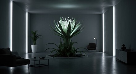 Glowing plant in a minimalist interior design setting