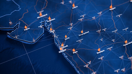 Nasik map big data visualization. Futuristic map infographic of city in India. Visual map data complexity in modern blue and orange colors