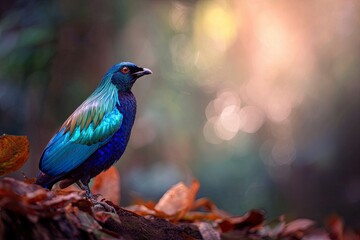 Fototapeta premium Colorful Exotic Bird Perched on Forest Floor in Natural Light