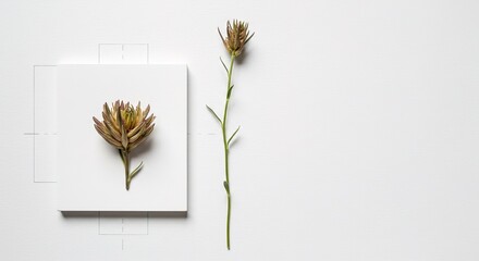 Two flower stems on a white background, one on a tile