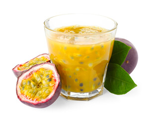Tasty passion fruit drink and fresh fruits isolated on white
