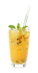 Tasty passion fruit drink with mint isolated on white